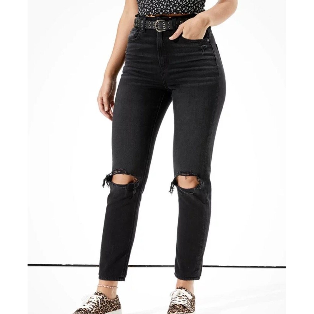 American Eagle Size 6 Long Mom Jeans Distressed Ripped Knees Charcoal Black